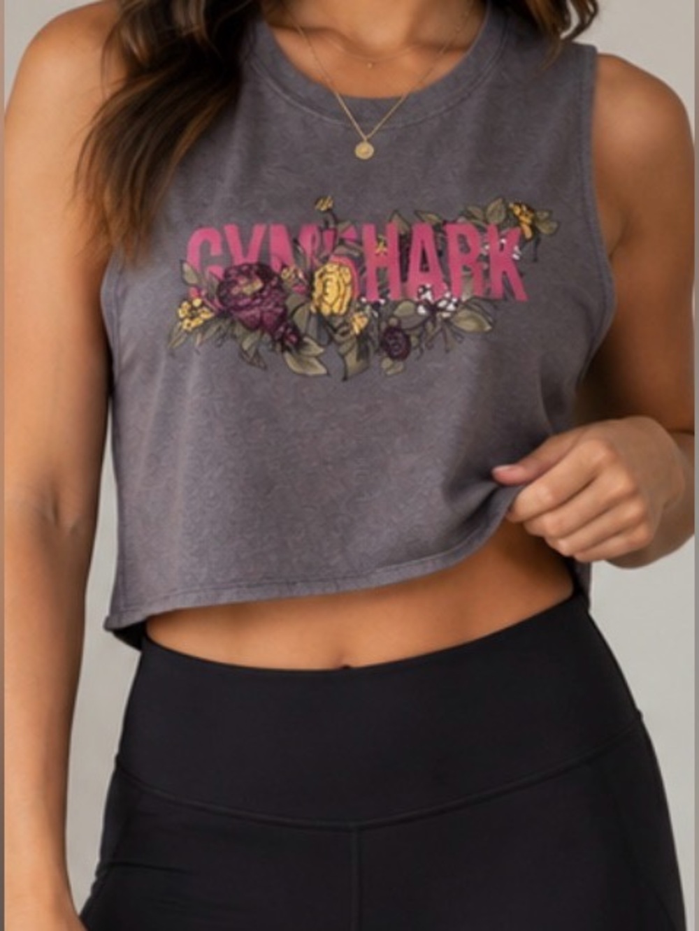 Gymshark Gray Cropped Floral Logo Tank with Pink Script